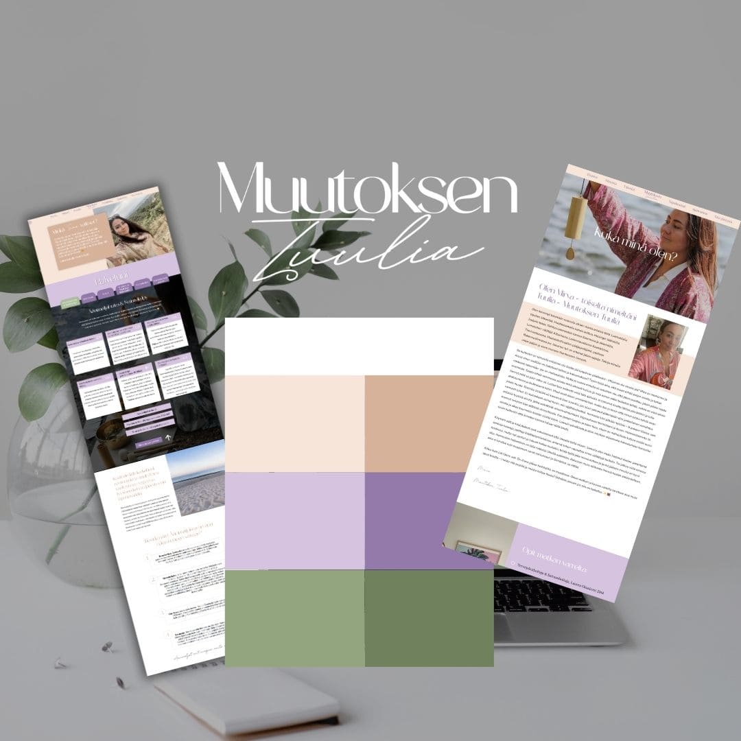 Kuvassa näkyy An overview of the client’s brand and website, including the logo, color palette, and images of two pages