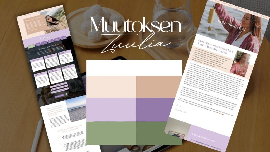 Kokonaiskuva asiakkaan brändi-ilmeestä ja verkkosivuista. Kuvassa logo, väripaletti ja kuvat kahdesta sivusta