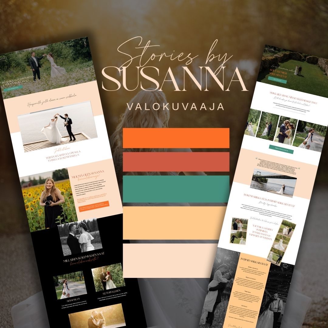 Stories by Susanna. Verkkosivut ja brändi häävalokuvaajalle. Loo, väripaletti ja etusivu näkyvät kuvassa.