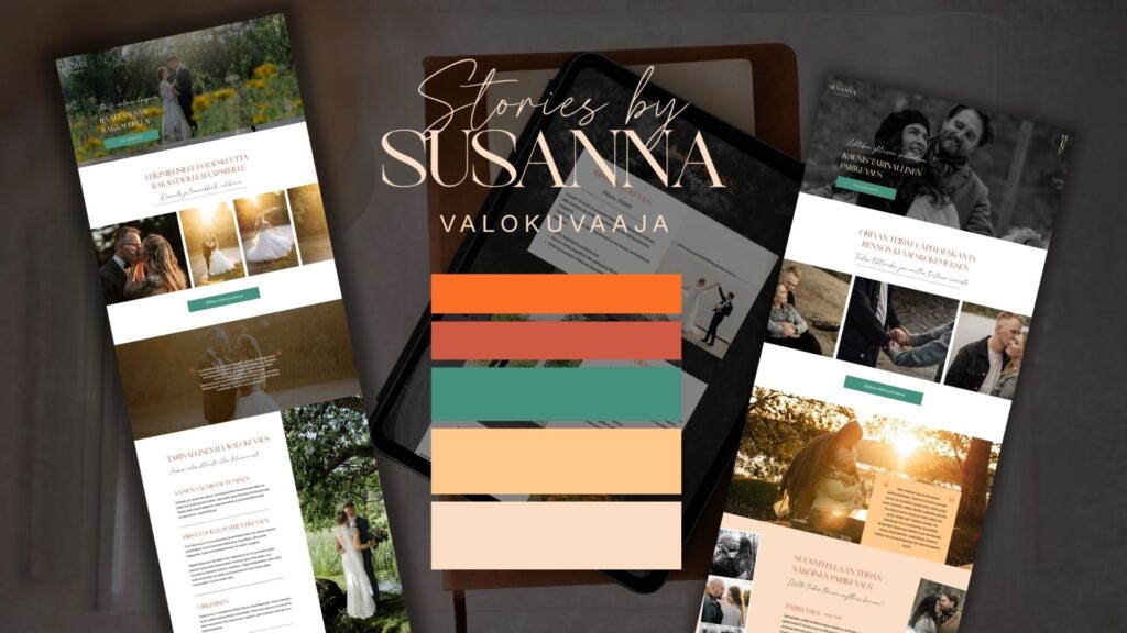 Stories by susanna verkkosivut ja brändi. Kuvassa näkyy kokonaisuus, jossa on logo, väripaletti sekä kuvakaappaus etusivusta